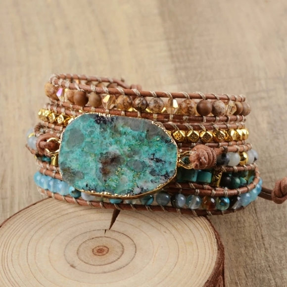 Handmade Leather & Stone Chrysocolla Bracelet - Picture 2 of 6